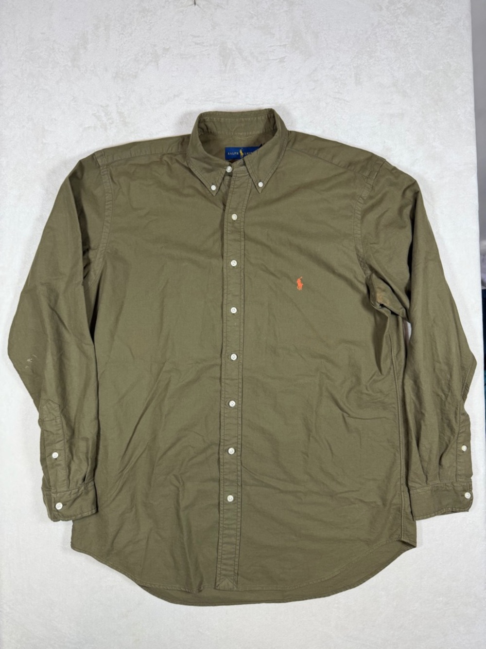 Polo Ralph Lauren Size Large OCBD Olive Button-Down Shirt with Orange Pony
